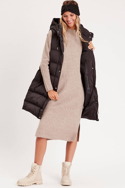 Robe longue droite côtelée taupe femme