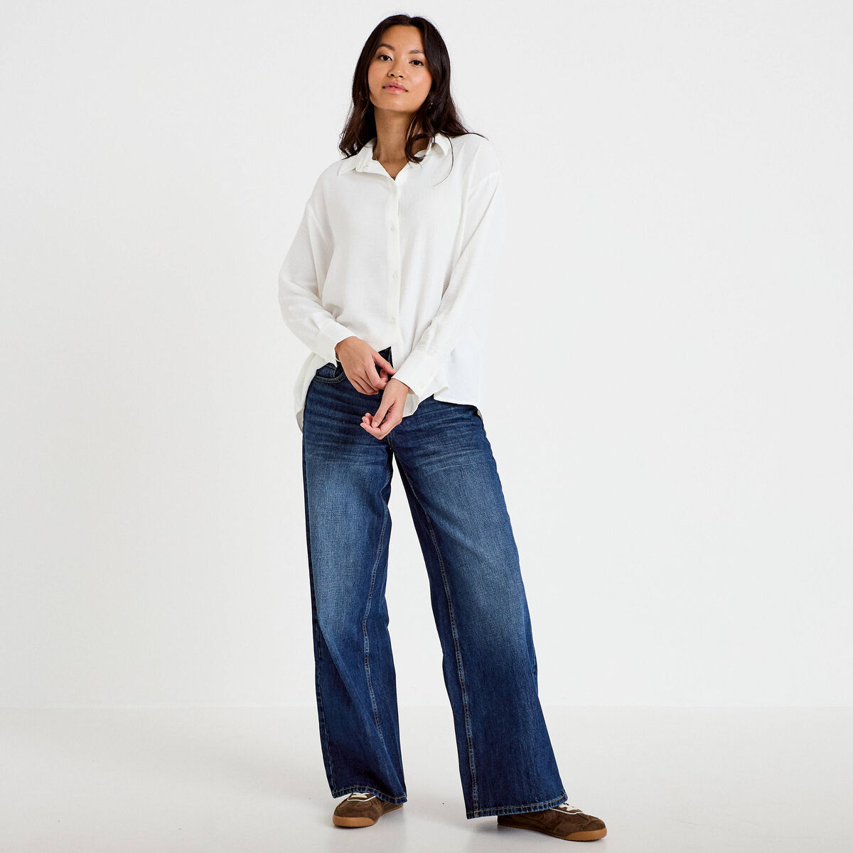 Chemise ample pliss&eacute;e manches longues ecru femme