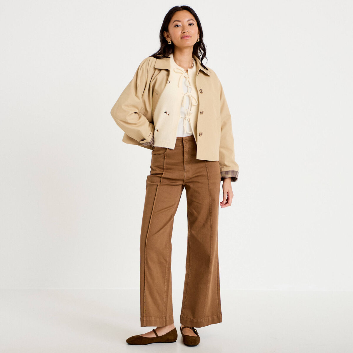 Pantalon bootcut taille basse en jean marron femme