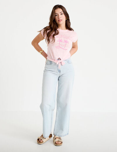 T-shirt droit cropped manches courtes rose clair femme