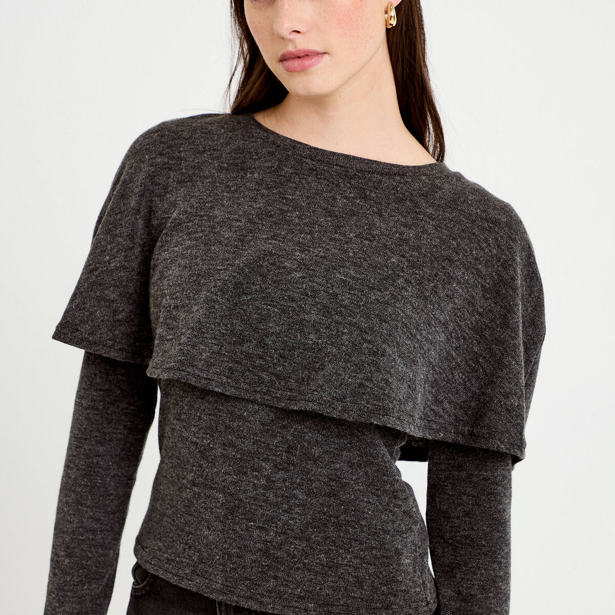 Pull cape col rond manches longues gris fonc&eacute; femme