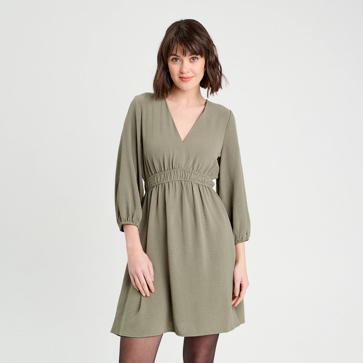 Robe évasée manches 3/4 vert kaki femme