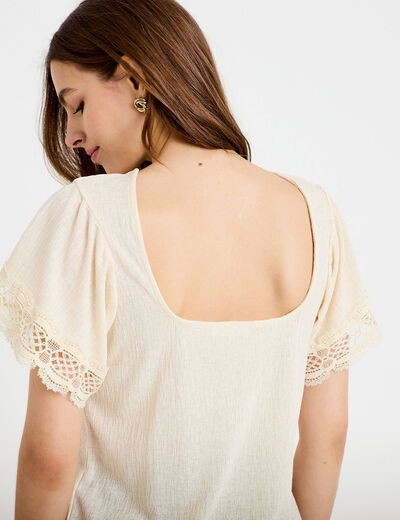 T-shirt col rond manches courtes ecru femme