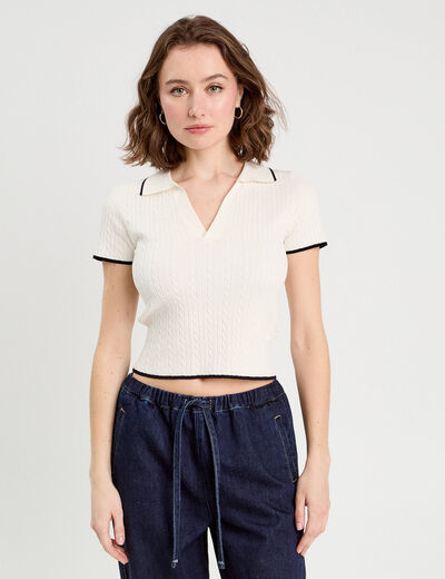 Top col polo manches courtes blanc femme