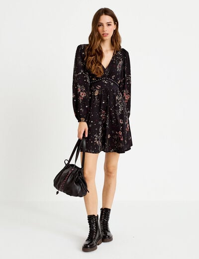 Robe courte &eacute;vas&eacute;e col v manches longues noir femme