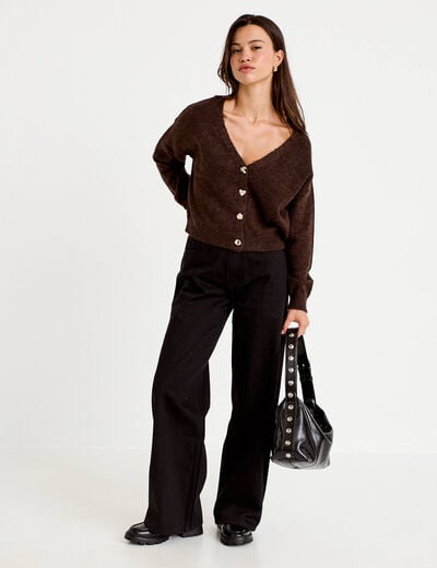 Gilet col v manches longues marron fonc&eacute; femme