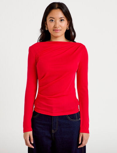 T-shirt col b&eacute;nitier manches longues rouge femme