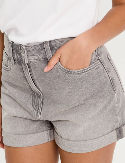 Short mom taille haute en jean denim gris femme