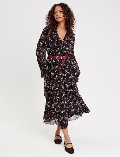 Robe longue évasée volants noir femme