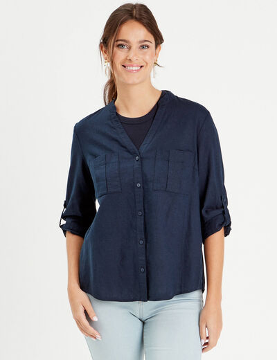 Chemise manches 3/4 contenant du lin bleu marine femme