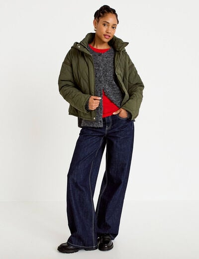 Veste droite &agrave; capuche manches longues vert kaki femme