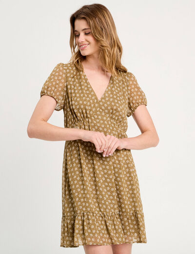 Robe évasée manches courtes vert olive femme