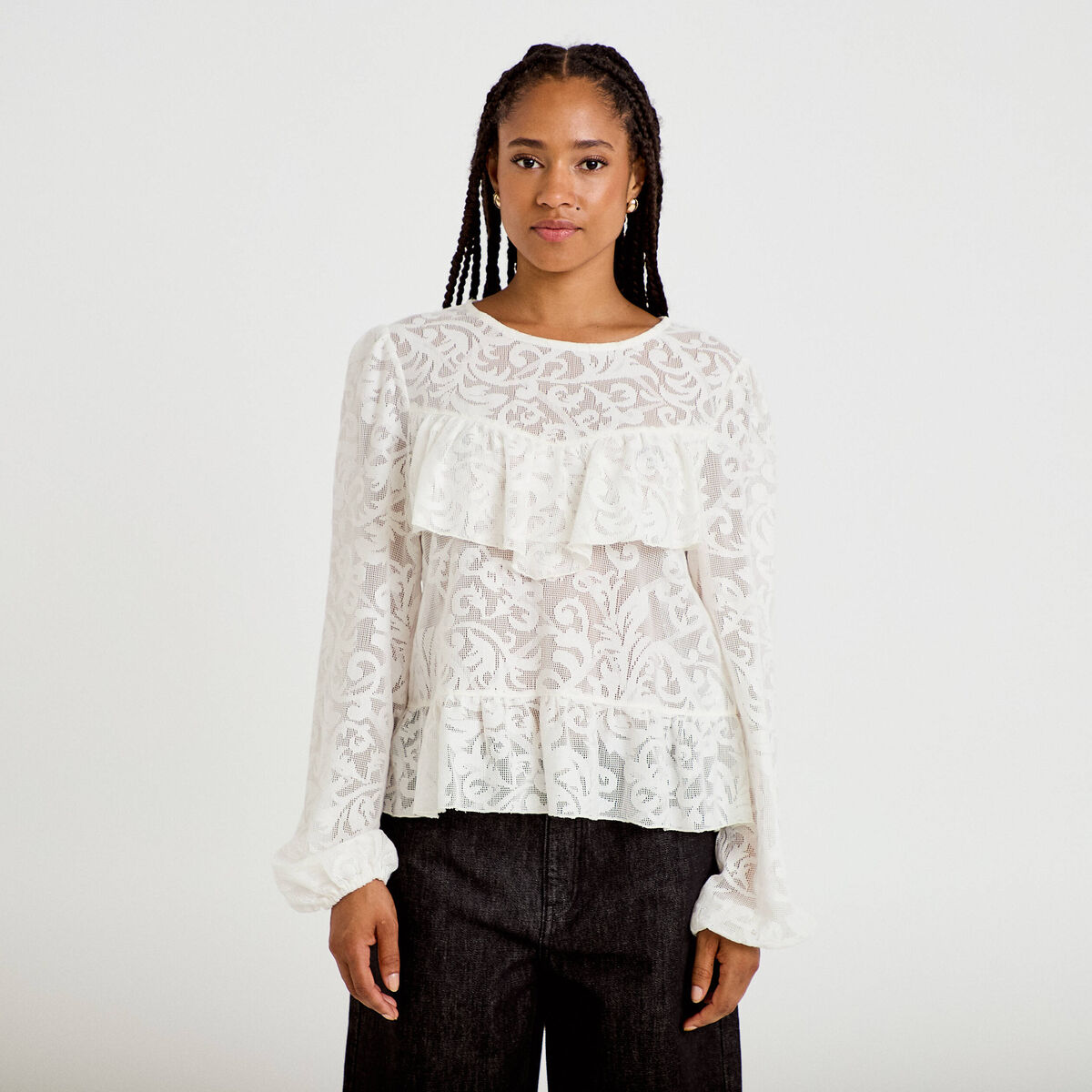 Blouse en dentelle manches longues ecru femme