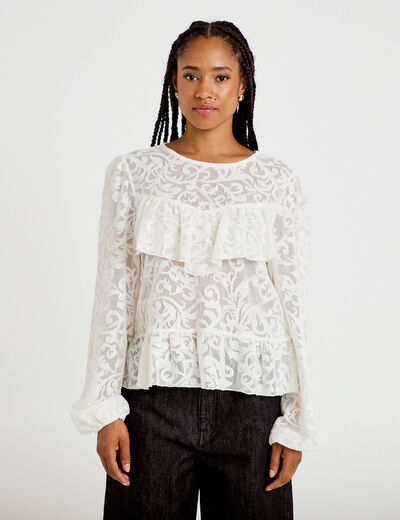 Blouse en dentelle manches longues ecru femme