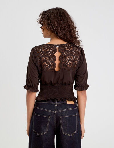 Blouse manches courtes smockée marron foncé femme