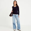 T-shirt 2-en-1 col rond manches longues bleu marine femme