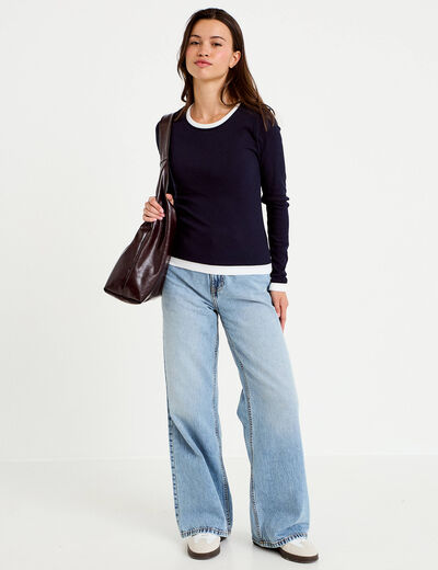 T-shirt 2-en-1 col rond manches longues bleu marine femme