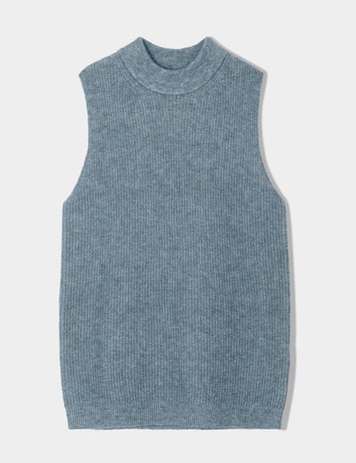 Pull sans manches col roulé vert foncé femme