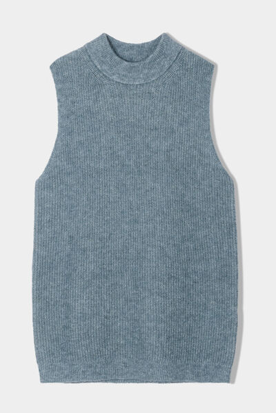 Pull sans manches col roulé vert foncé femme