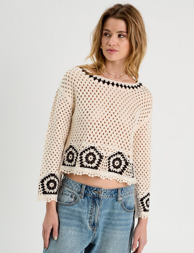 Pull effet crochet beige femme