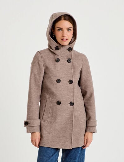 manteau ajust&eacute; 3/4 &agrave; capuche taupe femme