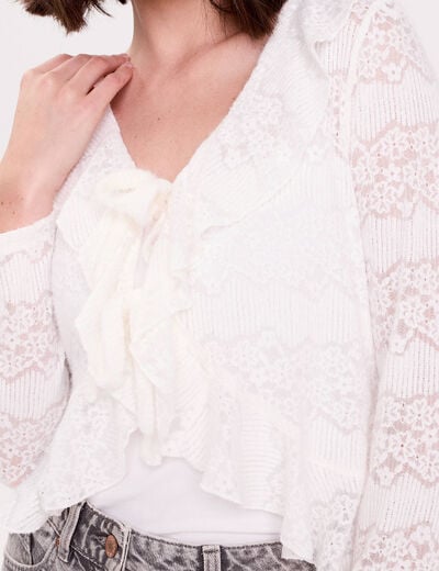 Gilet cintr&eacute; ajour&eacute; manches longues ecru femme