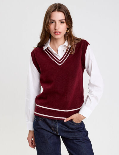 Pull 2-en-1 col en V rouge foncé femme