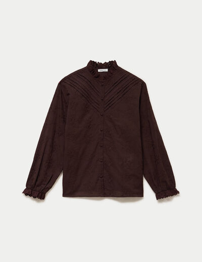 Blouse ample col montant manches longues marron fonc&eacute; femme