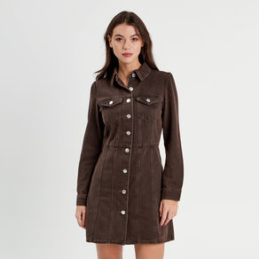 robe chemise droite en jean marron fonce femme Robe chemise droite en jean marron foncé femme