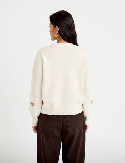 Pull oversize brod&eacute; manches longues ecru femme