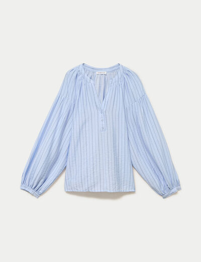 Blouse ample col v manches longues bleu femme