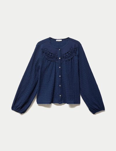 Blouse col rond manches longues bleu fonc&eacute; femme