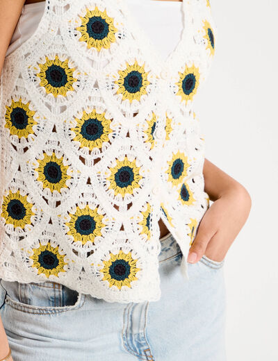 D&eacute;bardeur crochet boutons ecru femme