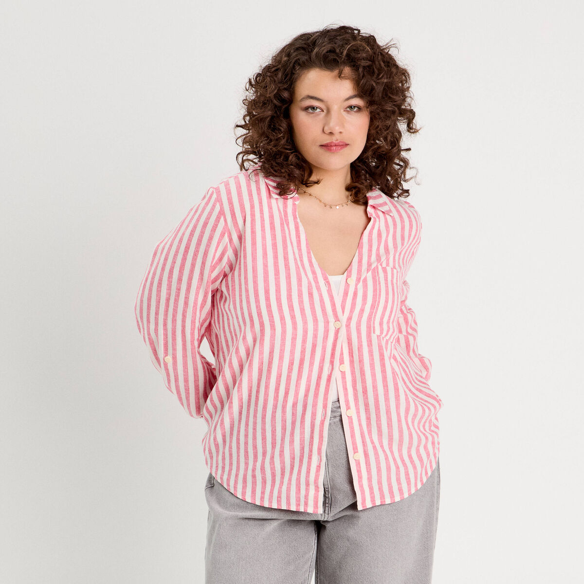 Chemise manches longues contenant du lin rouge femme