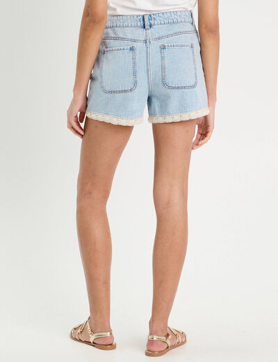 Short en jean détails dentelle denim bleach femme