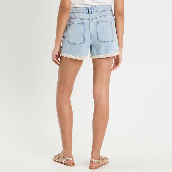 short en jean details dentelle denim bleach femme Short en jean détails dentelle denim bleach femme