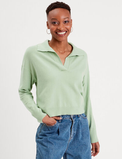 Pull col polo vert kaki femme