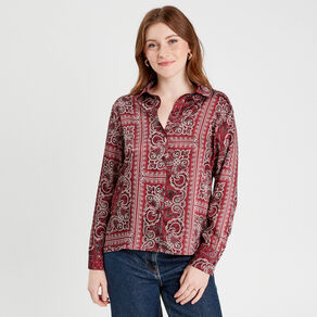 Chemise manches longues satin rouge femme