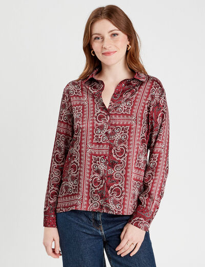 Chemise manches longues satin rouge femme