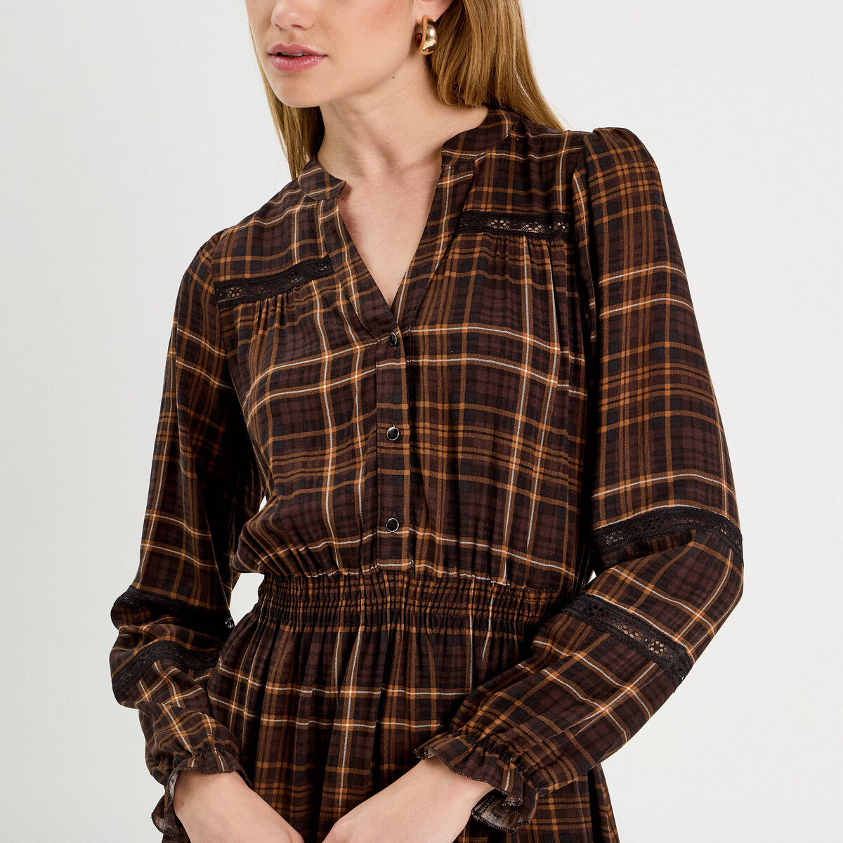 Robe évasée détails dentelle marron foncé femme