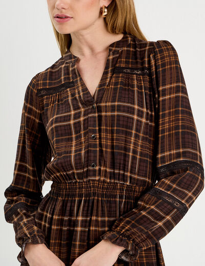 Robe évasée détails dentelle marron foncé femme