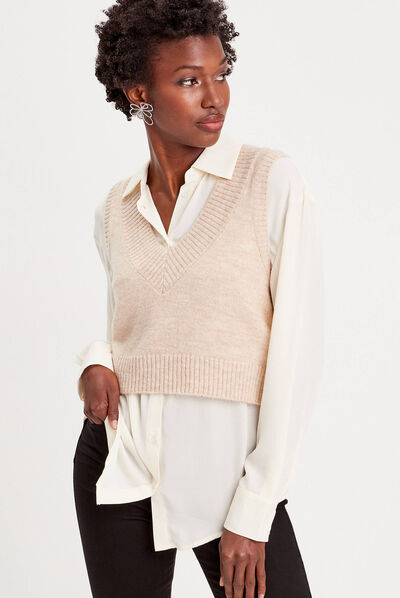 Pull sans manches col en V sable femme