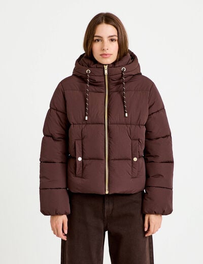 Doudoune droite cropped &agrave; capuche marron fonc&eacute; femme