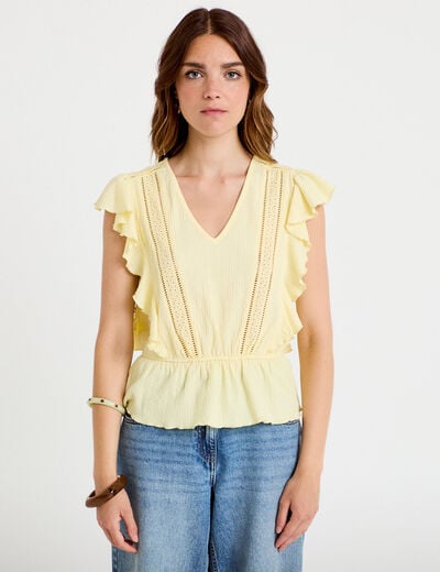 Blouse col rond manches courtes dentelle jaune pastel femme