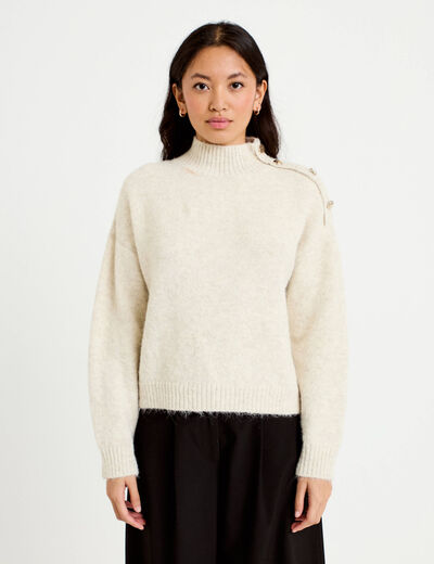 Pull col montant manches longues ivoire femme