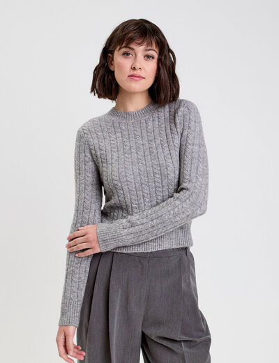 Pull ajusté col rond manches longues gris foncé femme