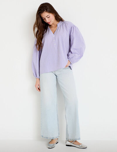 Blouse vichy brod&eacute;e violet femme