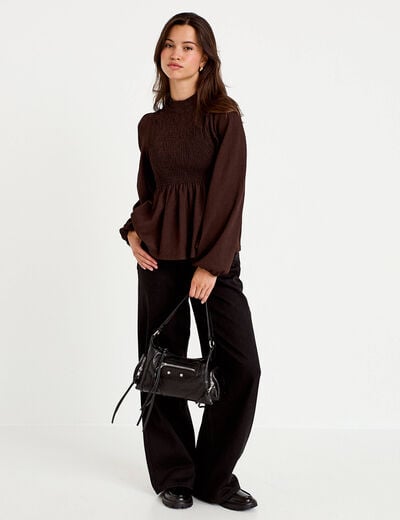 Blouse p&eacute;plum manches longues pliss&eacute;e marron fonc&eacute; femme