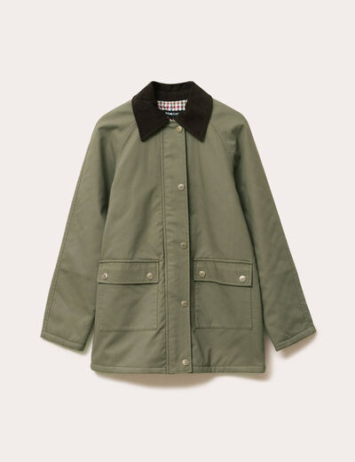 Veste droite mi-longue en coton vert kaki femme