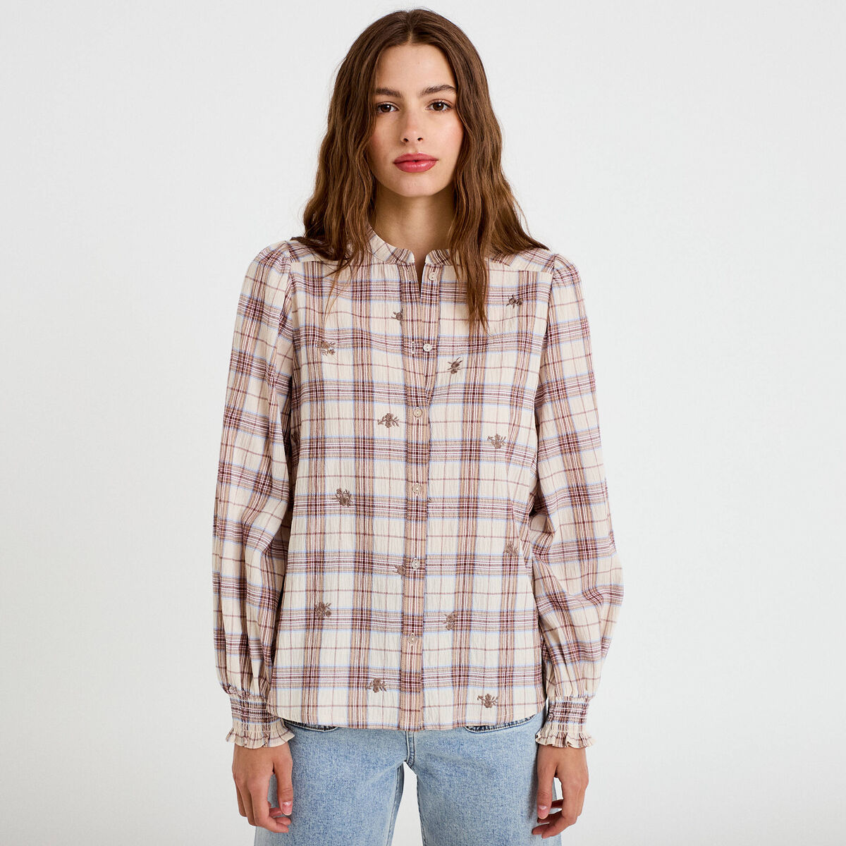 Blouse ample col montant manches longues beige femme